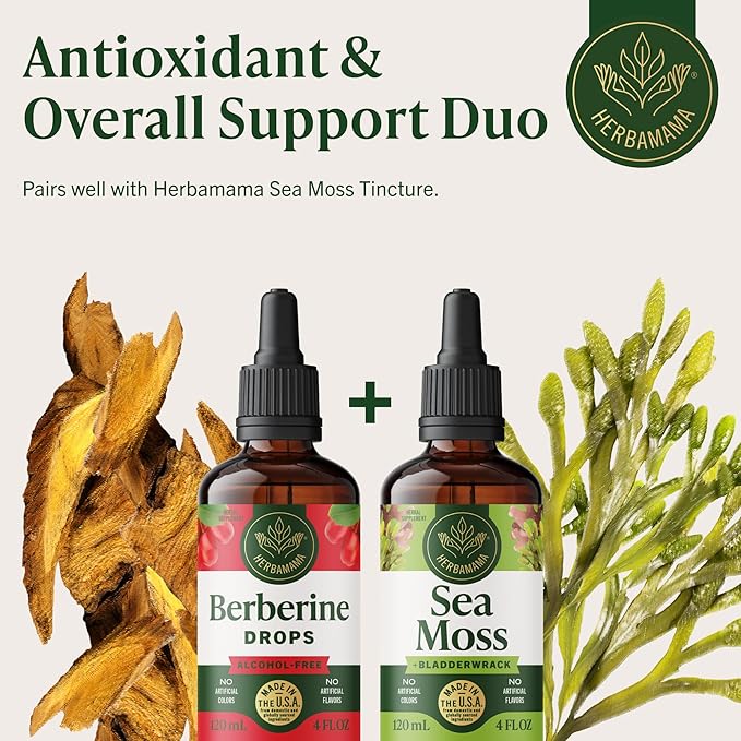 HERBAMAMA Berberine Liquid Drops - Vegan Antioxidant &amp Overall Support with Berberine HCL 500mg Extract Tincture - Non-GMO Alcohol &amp Sugar-Free Supplement 84-Day Supply