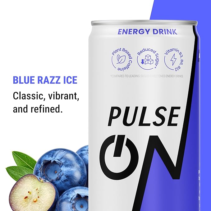 PulseOn Energy Drink- 200mg Natural Caffeine Taurine and Vitamin B|Blue Razz Ice Reduced Sugar 11.2 fl oz((Pack of 24)