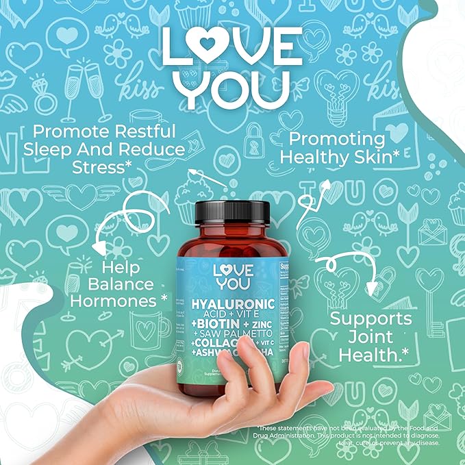 Love You Hyaluronic Acid + Collagen Complex - Beauty &amp Joint Support with Biotin 10000 mcg Zinc Saw Palmetto &amp Ashwagandha - 90 Veg Capsules