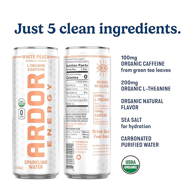 ARDOR ENERGY Sparkling Water with 100mg Natural Caffeine &amp 200mg L-Theanine from Organic Green Tea for Smooth Energy &amp Focus | Healthy Energy Drink | No Sugar Zero Calories Vegan Gluten-Fre