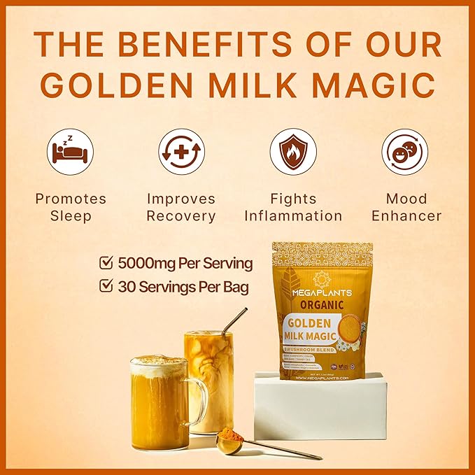 Golden Milk Magic – Adaptogenic Mushroom Golden Milk for Deep Sleep &amp Relaxation – Turmeric &amp Ashwagandha Blend for Calm Nights – Caffeine-Free Multi-Purpose Wellness Drink – 30 Servings