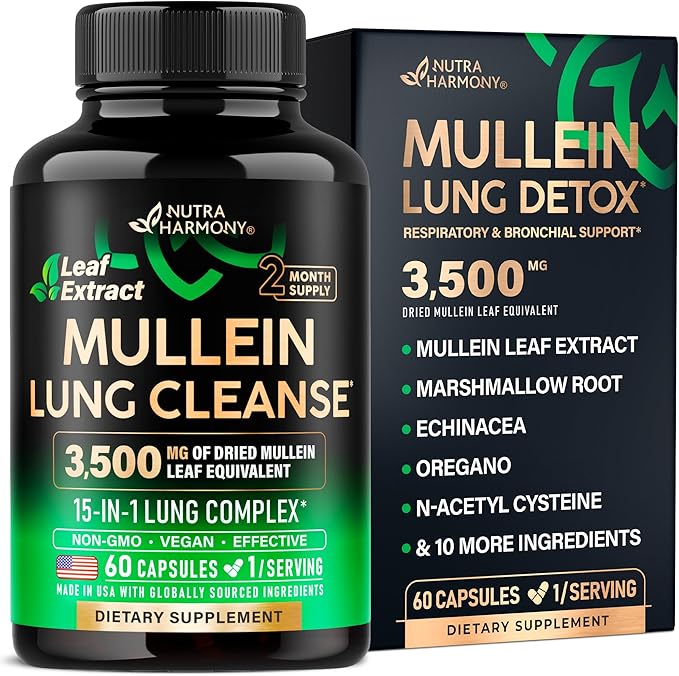 Mullein Lung Detox - Mullein Leaf Extract - Marshmallow Root | Echinacea | Oregano | Quercetin | NAC - 15-in-1 Lung Support &amp Cleanse for Smokers Supplement - Made in USA - As Drops - 60 Capsules
