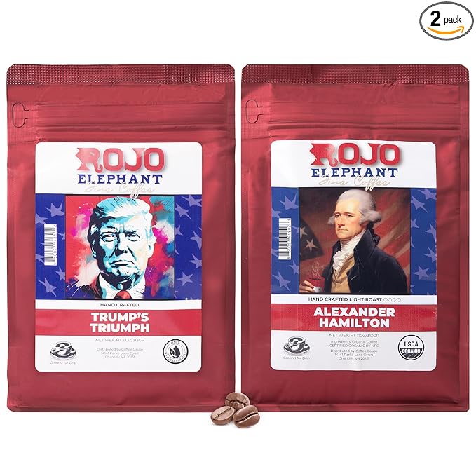 Rojo Elephant Handcrafted Ground Coffee 100% Arabica Beans 11 0z Bags Pack of 2 Trump's Triumph Alexander Hamilton Prestige Collection