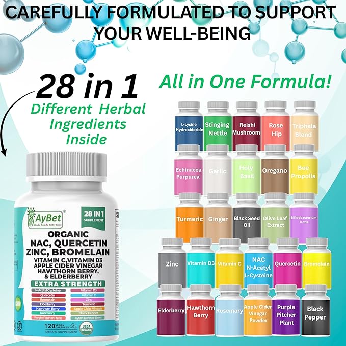 NAC-n-acetyl cysteine- Quercetin Zinc Bromelain Supplement | Extra Strength with Vit C D3 Apple Cider Vinegar Elderberry Hawthorn Berry Turmeric | Immune Support|120 Vegan Capsules | USDA Organic