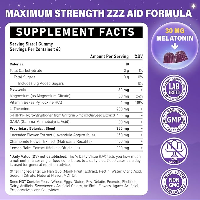 Melatonin 30mg Gummies for Adults - Sugar Free Melatonin Gummies Maximum Strength with Magnesium B6 GABA &amp Botanical Blend - Non-Habit FormingVegan Non GMO Natural Mixed Berry Flavor