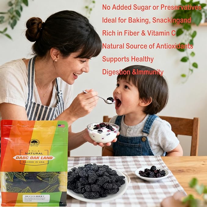 Dried Black Mulberries 1LB Top Grade Premium DABC OAK LAND Wild Black Mulberry Dried Fruit No Sugar AddedVegan Natural for Healthy Snacking BakingTea 黑桑葚干 16OZ/Bag