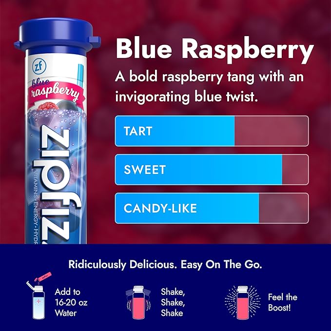 Zipfizz Daily Energy Drink Powder Blue Raspberry 20 Pack | 3-in-1 Sustained Energy Rapid Hydration and Essential Vitamins | Sugar-Free | Electrolyte Powder | Contains Vitamin B-12 &amp Antioxidan