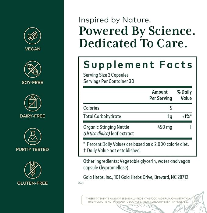 Gaia Herbs Stinging Nettle Leaf - Supplement with Stinging Nettle Leaf Extract Traditionally Used for Respiratory &amp Immune Support* - Vegan Gluten-Free Soy-Free - 60 Liquid Phyto-Caps (30 Servin