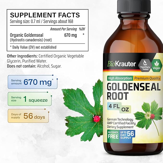 BIO KRAUTER® Goldenseal Root - Pure Vegan Goldenseal Tincture 670mg per Serving 4 Fl.Oz 56-Day Supply - Immune &amp Respiratory Support - Liquid Golden Seal for Digestive Support - Alcohol &amp Suga