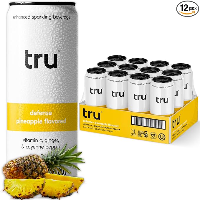 Tru Defense Seltzer Sparkling Water with Vitamin C Ginger Extract Cayenne Pepper &amp Real Pineapple Juice Sweetened with Monk Fruit &amp Stevia Gluten Free Vegan Caffeine Free 12 FL OZ Can
