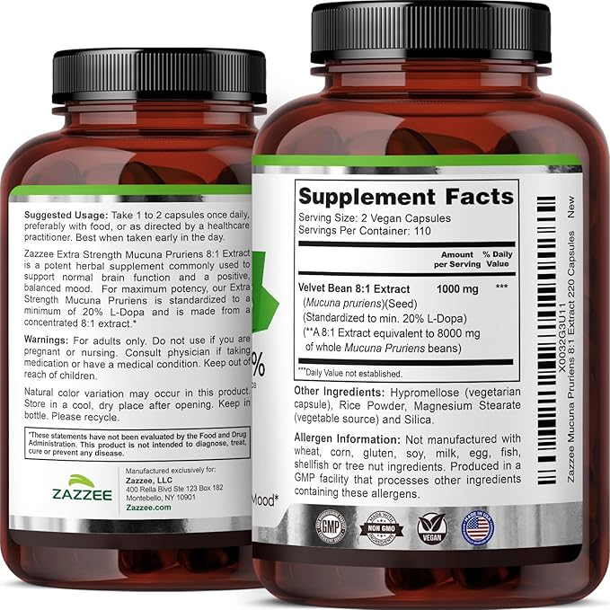 Zazzee Extra Strength Mucuna Pruriens 8:1 Extract Minimum 20% L-Dopa 1000 mg 220 Vegan Capsules 110 Day Supply Concentrated and Standardized 8X Extract 100% Vegetarian All-Natural and Non-GMO