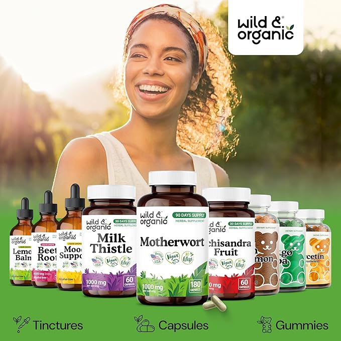 Wild &amp Organic Motherwort Capsules 1000 mg - Calmness &amp Women's Support - Natural Motherwort Supplement - 90 Days of Supply - 180 Vegan Herb Capsules - Non-GMO Gluten-Free No Additives