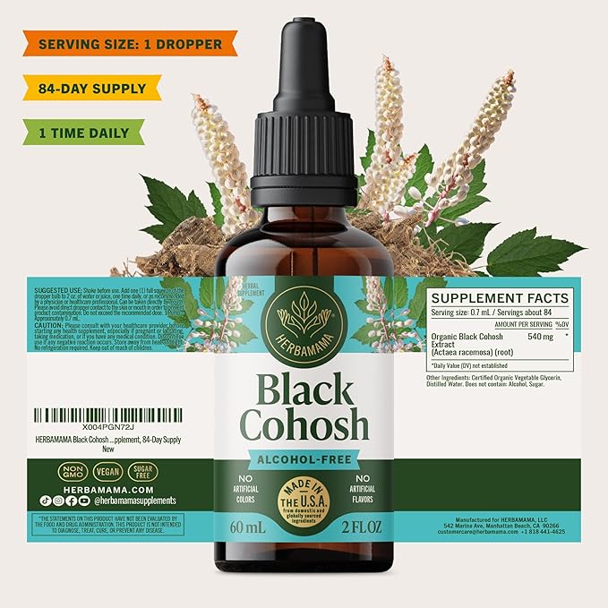 HERBAMAMA Black Cohosh Tincture - Vegan Women's Support with Black Cohosh Root Extract Drops - Non-GMO Alcohol &amp Sugar-Free Liquid Herbal Supplement 84-Day Supply