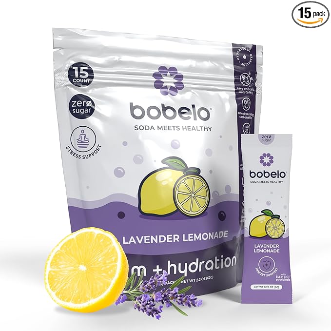Bobelo Self Carbonating Hydration Drink | Lavender Lemonade 15 Count | Low Calorie Electrolytes Powder Packets Drink Mix | Sparkling Water &amp Soda Alternative | Keto Friendly | Water Enhancer Suga