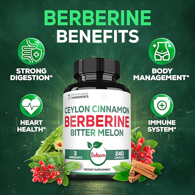 Satoomi Berberine 1500mg Supplement with Organic Ceylon Cinnamon Bark &amp Bitter Melon - 240 Vegan Capsules for 80 Servings - Immune System Heart Health Body Management &amp Digestion Support
