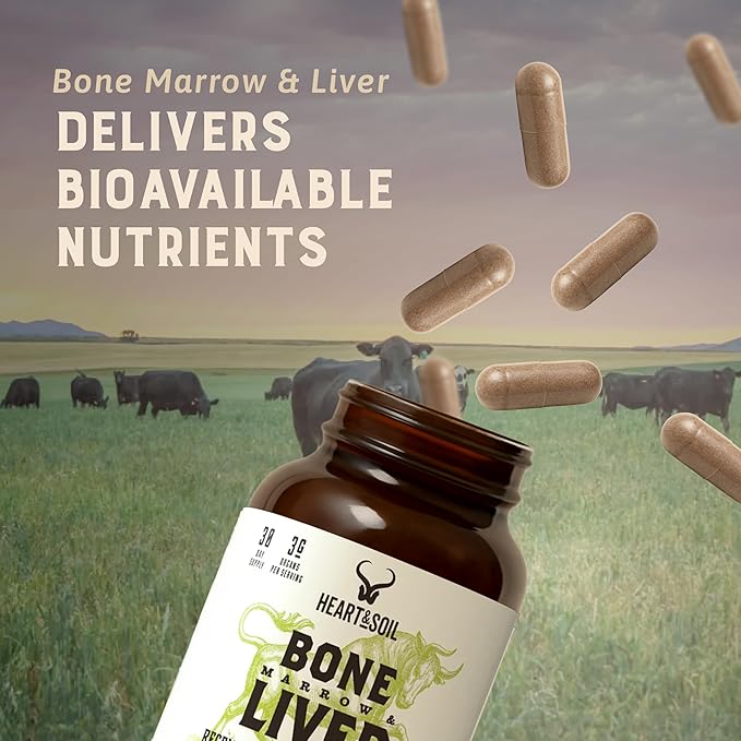 Heart &amp Soil – 100% Grass Fed &amp Finished Bone Marrow &amp Beef Liver from Regenerative Cattle – Supports Bones joints Tissue &amp Skin – 3000mg Libido Booster For Women &amp Men – Glass B