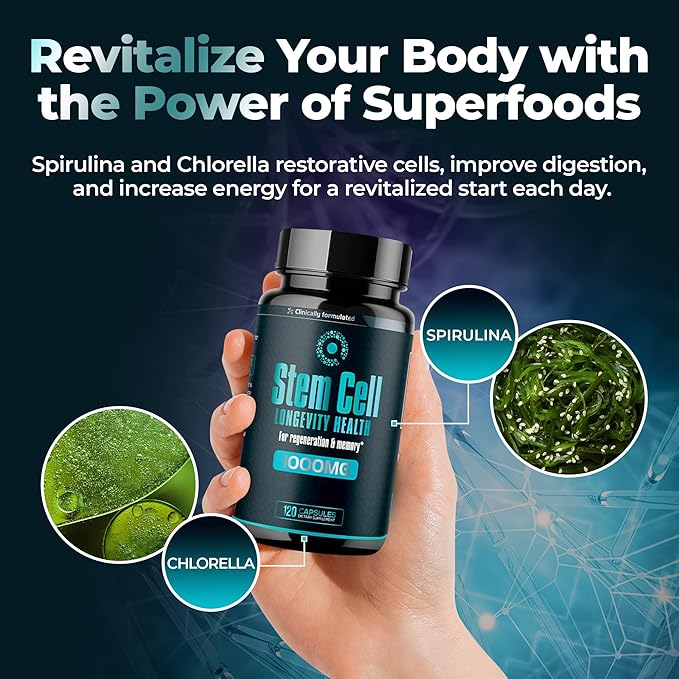 Premium Stem Cell Supplements 1000mg (120 Caps) Boost Immunity Reduce Joint Soreness Support Natural Anti-Aging &amp Longevity with Spirulina &amp Chlorella for Vitality Celulas Madre Health For