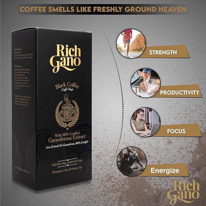 Rich Gano Reishi Mushroom Coffee – (4 Boxes of 30 Sachets) Black Coffee with Ganoderma Extract – All Natural Vegan Friendly Instant Coffee Packets – Zero Jitters Energize Ganoderma