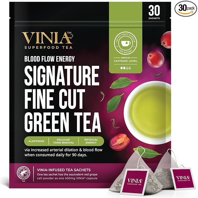 VINIA Signature Green Tea Bags Made with Organic Green Tea Infused with Piceid Resveratrol for Heart Health Nitric Oxide Physical Energy Alertness Blood Flow Keto Kosher NON-GMO. 30 Ct