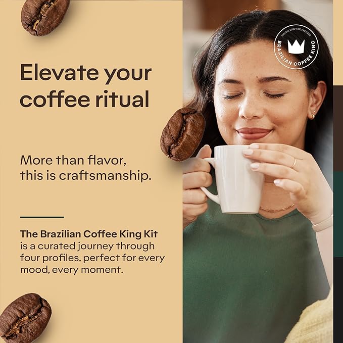 4-Pack Specialty Variety Coffee Kit – Arabica Ground in Brazil – Explore Artisanal Flavor Notes of Chocolate Caramel Fruits and Spices – Carefully Harvested Medium Roast – Brazilian Coffee King
