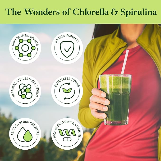 Premium Chlorella Spirulina Powder | 85 SERVINGS | Non-GMO | Sunlight Grown | Deep Green Color | Cracked Cell Wall | Alkalyzing | High Protein | Vegan Capsules | Good Natured