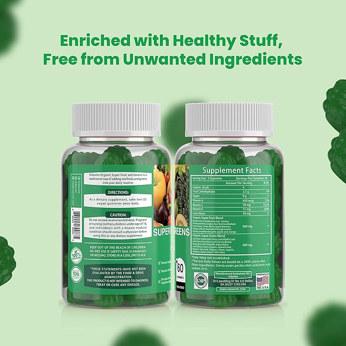 Sugar-free Super Greens Gummies — US-Made 35+ Fruit and Veggie gummies to Boost Immunity Skin &amp Gut Health — Ideal Fruits and Vegetables Supplement for Adults &amp Picky Teens (30-Days Supply)