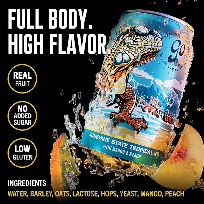 Go Brewing - Sunshine State Tropical IPA - Non-Alcoholic Craft Beer - Small Batch Low-Calorie Brew - Mango and Peach Flavor Profile - Bold and Smooth Finish - Ideal for Any Occasion (12 Oz 12 Cans)