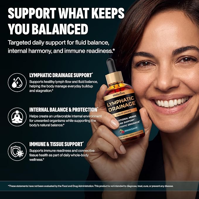 Lymphatic Drainage Supplement - Organic Liquid Drops for Lymphatic Support &amp Detox - 8-in-1 Herbal Blend - Lymphatic Cleanse Complex with Burdock Dandelion Elderberry - 2 fl oz