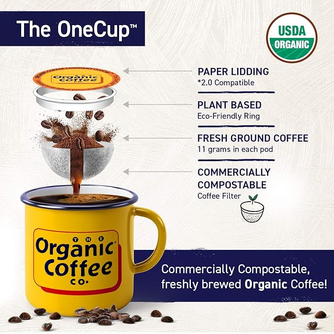 The Organic Coffee Co. Compostable Coffee Pods - Gorilla Decaf (80 Ct) K Cup Compatible including Keurig 2.0 Medium Roast Swiss Water Processed USDA Organic