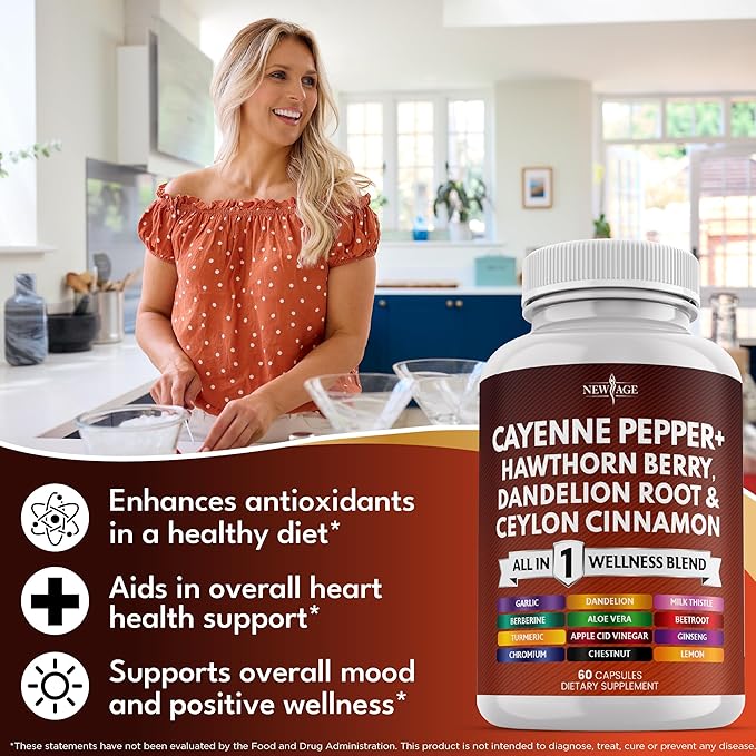 NEW AGE Cayenne Pepper Capsules Supplement with Hawthorn Berry Dandelion Root Ceylon Cinnamon Garlic Ginger ACV Milk Thistle Beet Root Aloe Vera - 120 Count