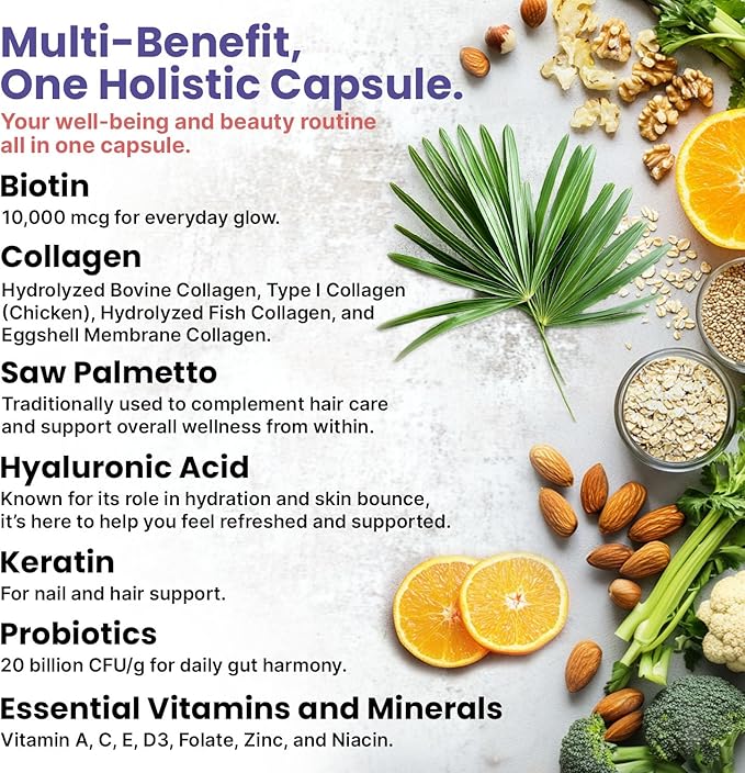 27-in-1 Hair Skin and Nails Vitamins (6810mg) with Biotin 10000mcg - Collagen Supplements for Men and Women - Keratin Supplements with Probiotics and Saw Palmetto 90ct