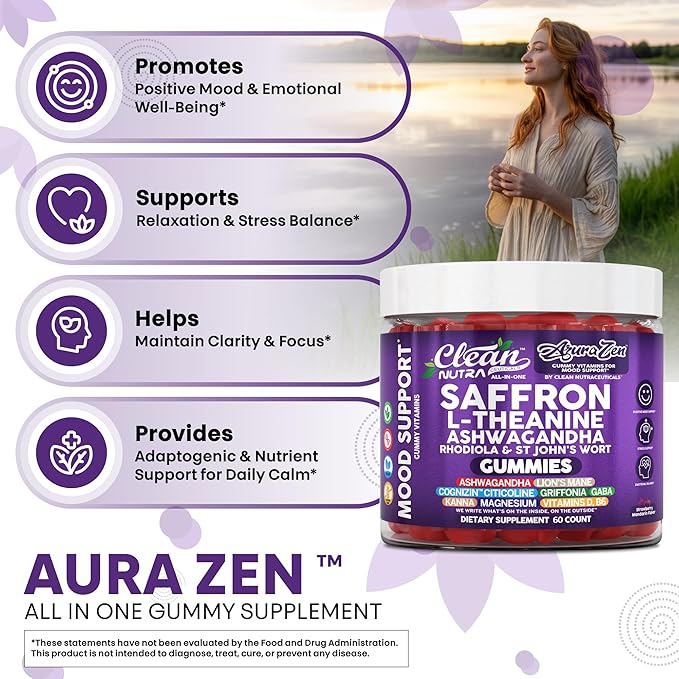 AuraZen Mood Support Saffron Gummies L-Theanine Ashwagandha Rhodiola St John's Wort Lions Mane GABA Vitamin D Magnesium Supplement | Calm Vegan Plant-Based Herbal Gummy By Clean Nutra