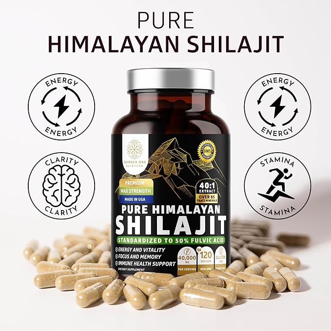 Pure Himalayan Shilajit Supplement for Men and Women [40000MG Max Strength] Contains 50% Fulvic Acid with Over 85 Trace Minerals to Support Energy Brain and Immunity 120 Veg Caps