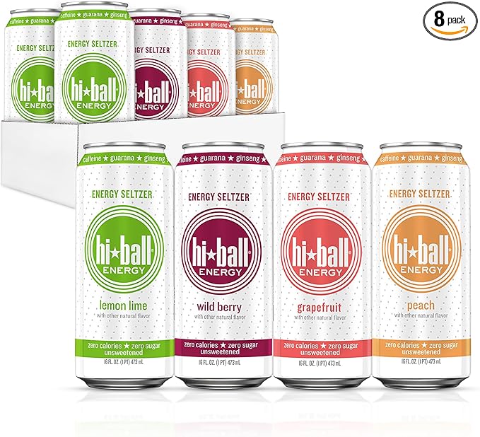 Hiball Clean Energy Seltzer Water Caffeinated Sparkling Water Made with Vitamin B12 and Vitamin B6 Sugar Free (8 pack of 16 Fl Oz) Variety Pack