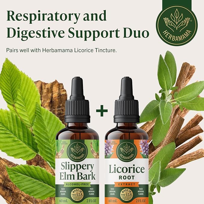 HERBAMAMA Slippery Elm Liquid Drops - Vegan Respiratory &amp Digestive Support with Slippery Elm Bark Extract - Non-GMO Alcohol &amp Sugar-Free Supplement Tincture 28-Day Supply