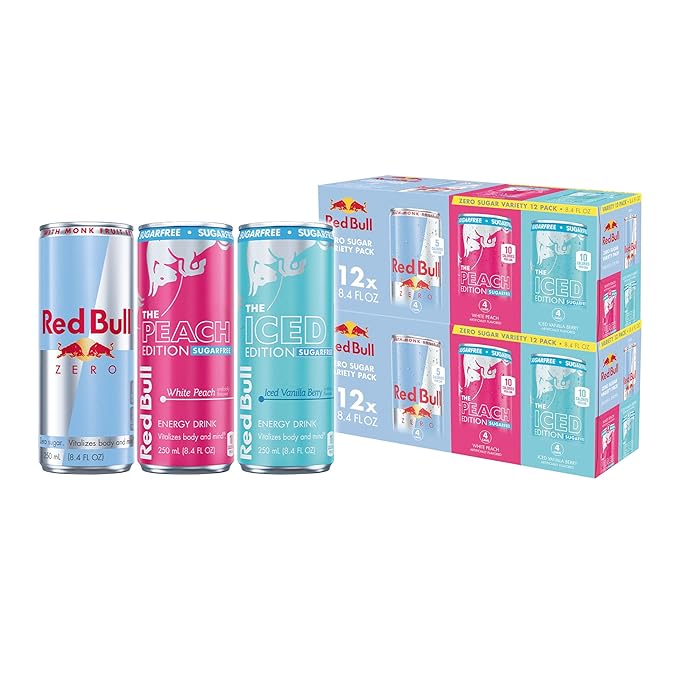 Red Bull Zero Sugar Variety Pack Zero Energy Drink Iced Vanilla Berry &amp White Peach 8.4 Fl Oz 12 Cans (2 Packs of 12)