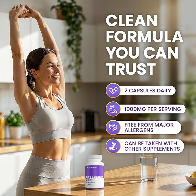 Nutrawave Pure Berberine Maximum Potency - 1000mg Per Serving - 2 Capsules 500mg Each - Supports Blood Sugar Levels Healthy Lipid (Fat) and Glucose Metabolism - Non-GMO Vegan - 2 Pack