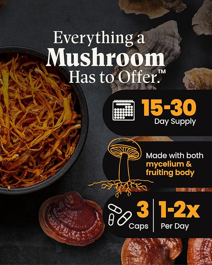 Mushroom Wellness Everyday 10: Organic 10-in-1 Mushroom Capsules with Lion's Mane Shiitake Reishi Turkey Tail &amp More Mushroom Powder Supplement Immune &amp Nervous System Support 90 Vegan C