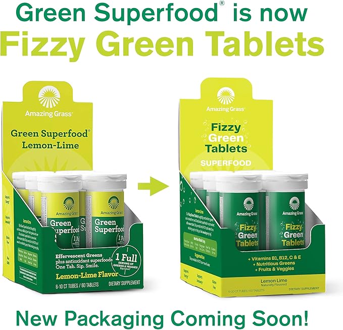 Amazing Grass Effervescent Tablets: Green Superfood Water Flavoring Tablet with Antioxidants &amp Alkalizing Greens Lemon Lime 60 Count