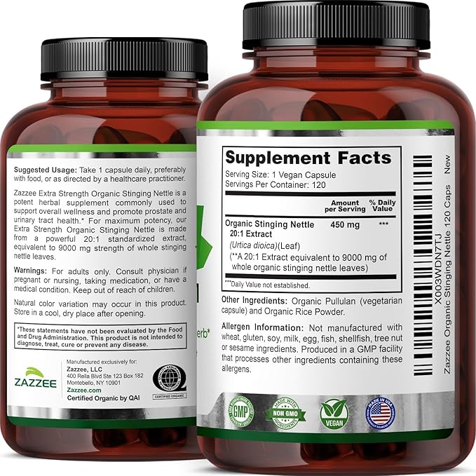Zazzee USDA Organic Stinging Nettle Leaf 20:1 Extract 120 Vegan Capsules 4 Month Supply Urtica Dioica Respiratory Immune &amp Seasonal Wellness Support Organic Herbal Supplement Made in the US