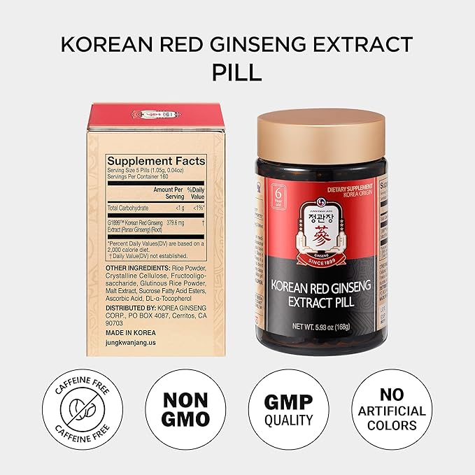 JUNG KWAN JANG Korean Red Ginseng Extract Pill - Red Panax Ginseng Energy Supplements with Rice Powder Vitamins C &amp E - No Caffeine (800 Pills 5.93 oz)