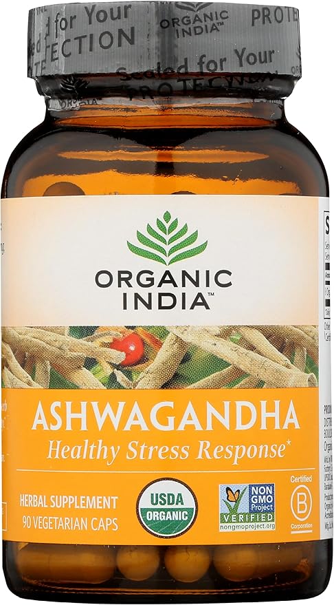 ORGANIC INDIA Ashwagandha Capsules - Organic Ashwagandha Supplement - Vegan Ashwagandha Root Gluten-Free Kosher Non-GMO Supports Stress Relief Energy and Sleep - 90 Capsules
