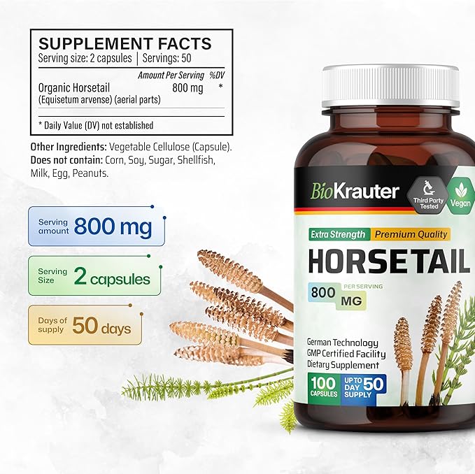 BIO KRAUTER® Horsetail Supplement for Hair Skin &amp Nails - Vegan &amp Pure Horsetail Herb in Capsules 800 mg per Serving 100 Count - Silica Hair Supplement - No Fillers Non-GMO - 50 Days of Supp