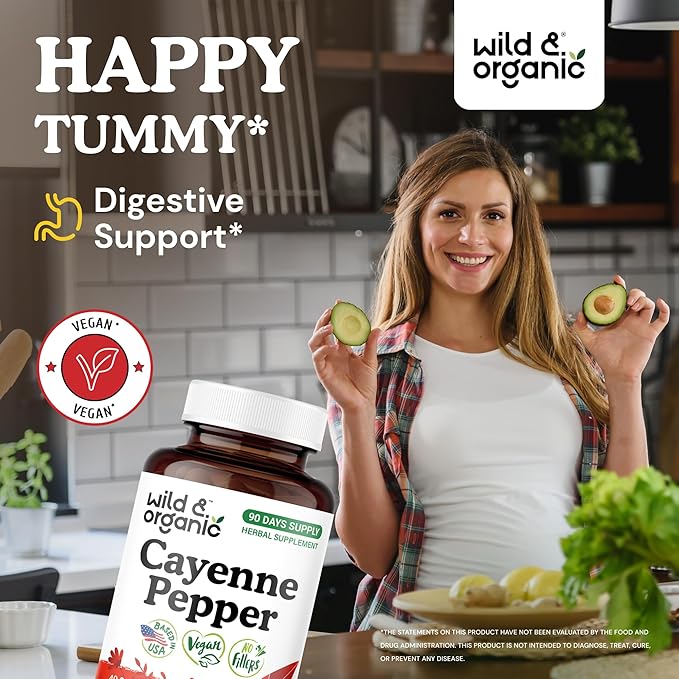 Wild &amp Organic Cayenne Pepper Capsules 500 mg - Digestive Support - Pure Cayenne Pepper Extract - Capsaicin Powder Supplement - Vegan No Fillers Non-GMO - 90 Count