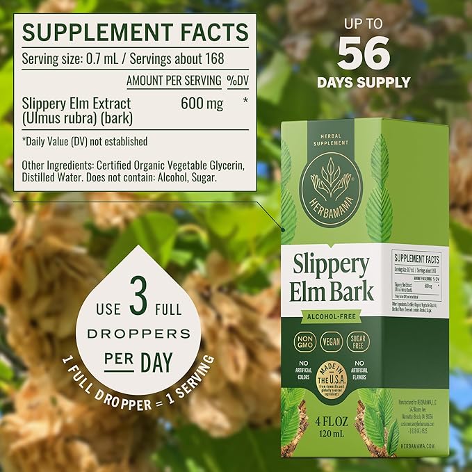 HERBAMAMA Slippery Elm Liquid Drops - Vegan Respiratory &amp Digestive Support with Slippery Elm Bark Extract - Non-GMO Alcohol &amp Sugar-Free Supplement Tincture 56-Day Supply