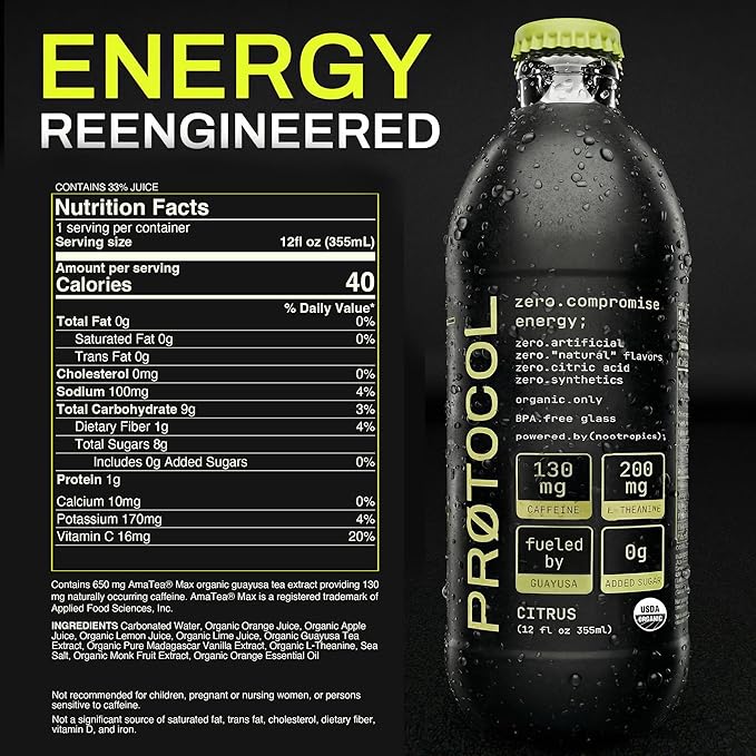 Protocol Organic Energy &amp Hydration Bundle — 12-Pack Clean Energy Drink (Glass Bottles) + Organic Electrolyte Powder (Lemon Lime) | No Artificial Sweeteners No Citric Acid