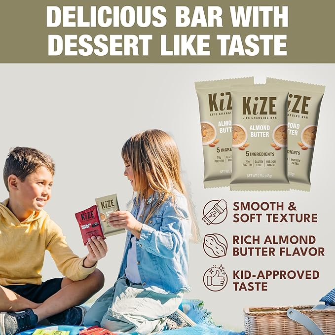 KiZE Energy Bars - Almond Butter - Almond-Butter-Based Gluten Free Non-GMO and High Protein Meal Replacement Energy Bars Clean and Simple Food Ingredients - 10g High Protein Snacks (10 Count)