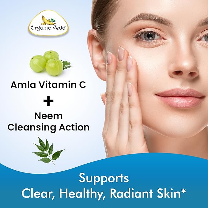 Organic Veda Neem Turmeric Capsules - 5 in 1 Herbal Complex with Amla Fruit Holy Basil Black Pepper - Immune Cleanse Skin &amp Gut Health Supplement with Vitamin C &amp Antioxidants 120 Vegan Ca