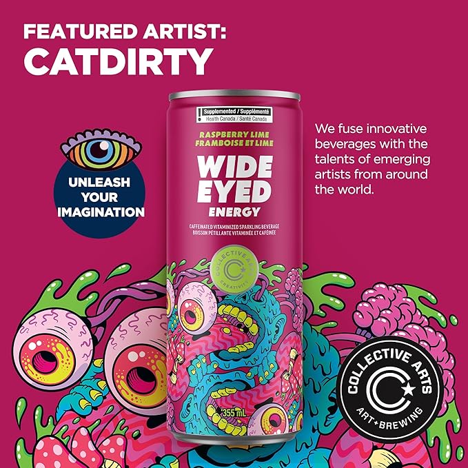 Collective Arts Wide Eyed Energy Drinks | Naturally-Flavored Caffeinated Vitaminized Sparkling Beverage With Fruit Extracts | Raspberry Lime MAX | Pack of 12 | 12 fl oz.(355ml)