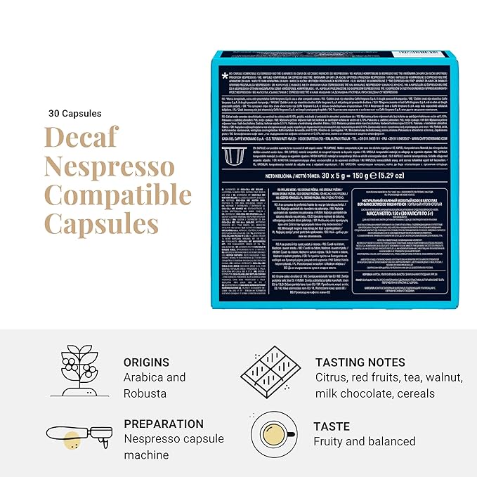 Caffe' Vergnano 1882 Decaf Medium Roast Espresso Original Line Machine Compatible Capsules Arabica Robusta Espresso Coffee Italian Coffee for Nespresso Machines Intensity 5/10 Decaffeinato 30 Ct